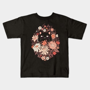 Cute black cat with pink wildflowe Kids T-Shirt